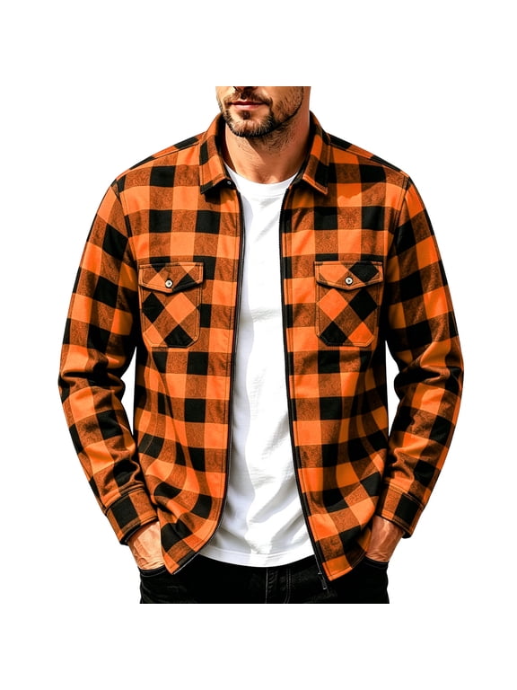 Men's Buffalo Plaid Zip Up Shirt Jacket Long Sleeve Casual Check Shacket With Chest Flap Pockets Orange L Gift