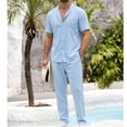 thumbnail image 1 of Ceisia Men's Button-Down Two-Piece Set Short Sleeve Shirt and Matching Pants Casual Outfit Light Blue XXL Gifts for Father, 1 of 7