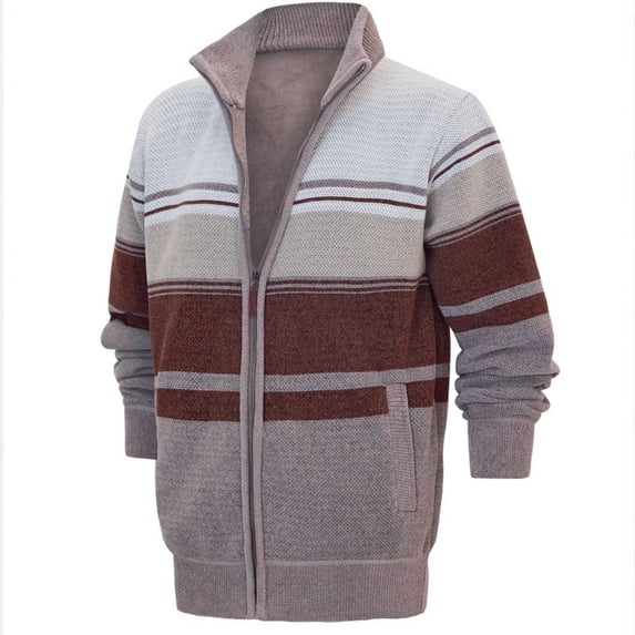 Ceisia Men's Casual Knitted Zipper Cardigan Stand Collar Color Block Gift Striped Solid Outerwear