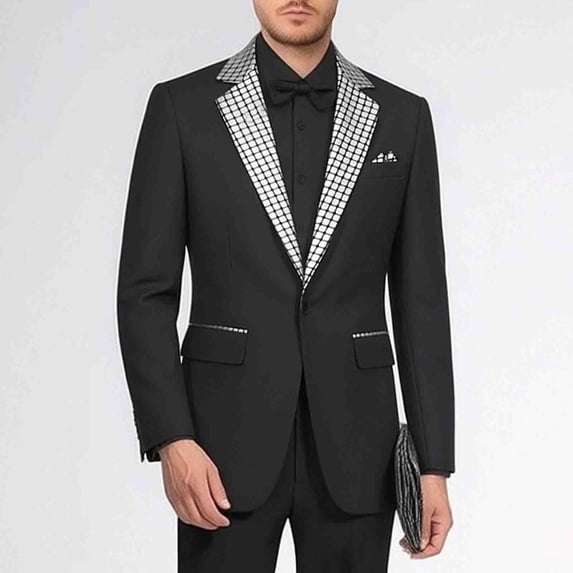 Ceisia Men's Casual Loose Fit Checkered Pocket Button Down Long Sleeve Lapel Collar Blazer Jacket Suit Top Silver L Gifts
