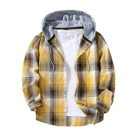 Ceisia Men's Casual Plaid Patchwork Hooded Button-Up Long Sleeve Shirt Gift