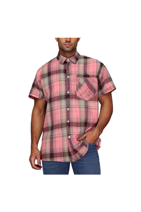 Men's Casual Plaid Print Short Sleeve Pocket Shirt Camp Collar Relaxed Summer Top Pink XL Gifts for Father