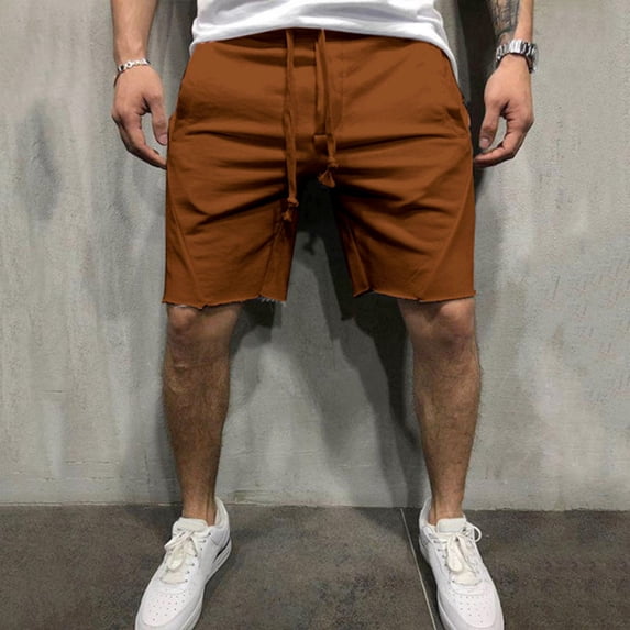 Ceisia Men's Casual Raw Hem Shorts Loose Fit Elastic Drawstring Waist Solid Color Side Pocket Daily Outdoor Summer Beach Short Pants Gold XXL Gifts for Father