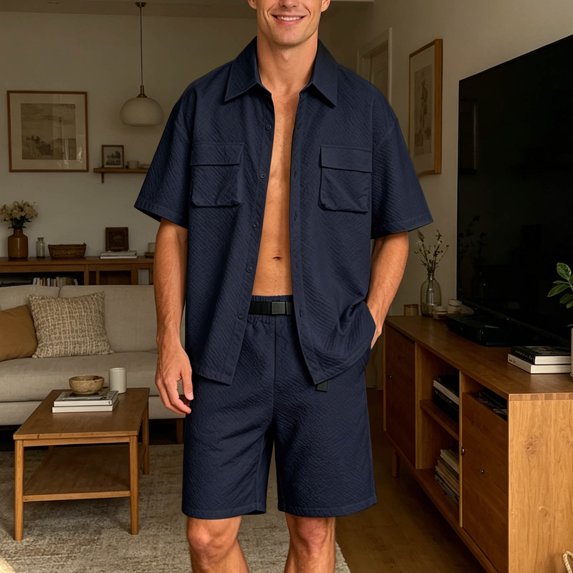 Ceisia Men's Casual Shirt and Shorts Set Short Sleeve Button Down with Pockets and Elastic Waist Shorts Navy XL Gifts for Father