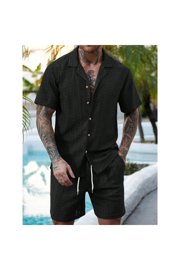 Men's Casual Short Sleeve Button Down Shirt Open Weave Breathable and Elastic Waist Drawstring Shorts Two Piece Set Gifts for Father Black 1X