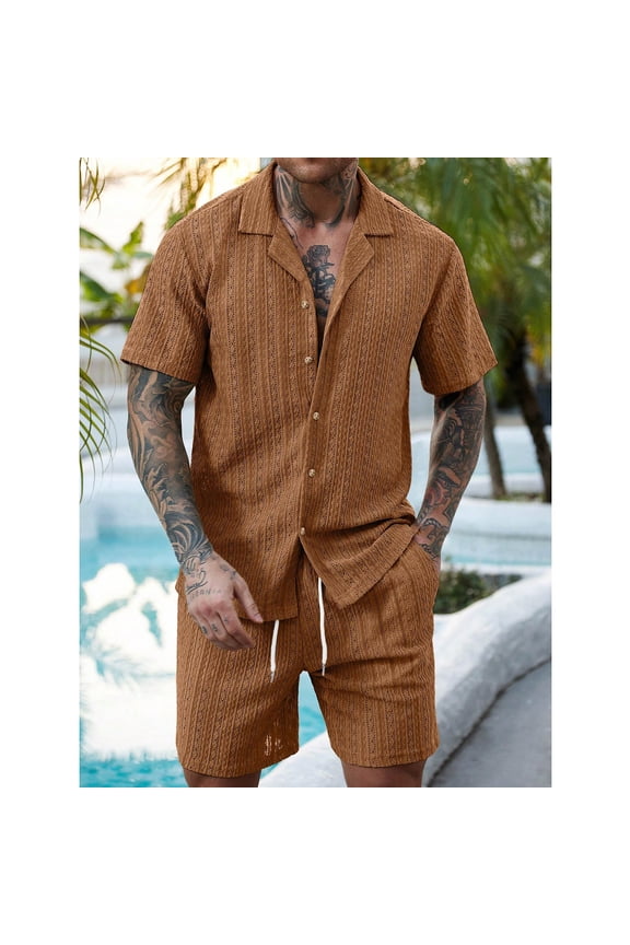 Men's Casual Short Sleeve Button Down Shirt Open Weave Breathable and Elastic Waist Drawstring Shorts Two Piece Set Gifts for Father Brown L