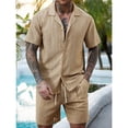 thumbnail image 1 of Ceisia Men's Casual Short Sleeve Button Down Shirt Open Weave Breathable and Elastic Waist Drawstring Shorts Two Piece Set Gifts for Father Multicolor L, 1 of 8