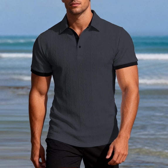 Ceisia Men's Casual Solid Color Blocking Short Sleeve Lapel Collar Jacquard Knit Polo Shirt Stretchy Breathable Top Dark Gray Gifts for Father 2X