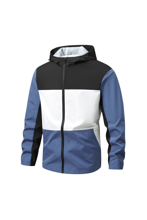 Men's Casual Solid Color Patchwork Jacket Stand Up Gift Collar Zip Up Hooded Sports Outerwear