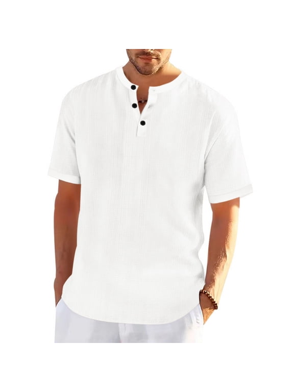 Men's Casual Solid Color Short Sleeve Henley Shirt Button V-Neck Breathable Slub Cotton Relaxed Fit Tee White Gifts for Father 2X