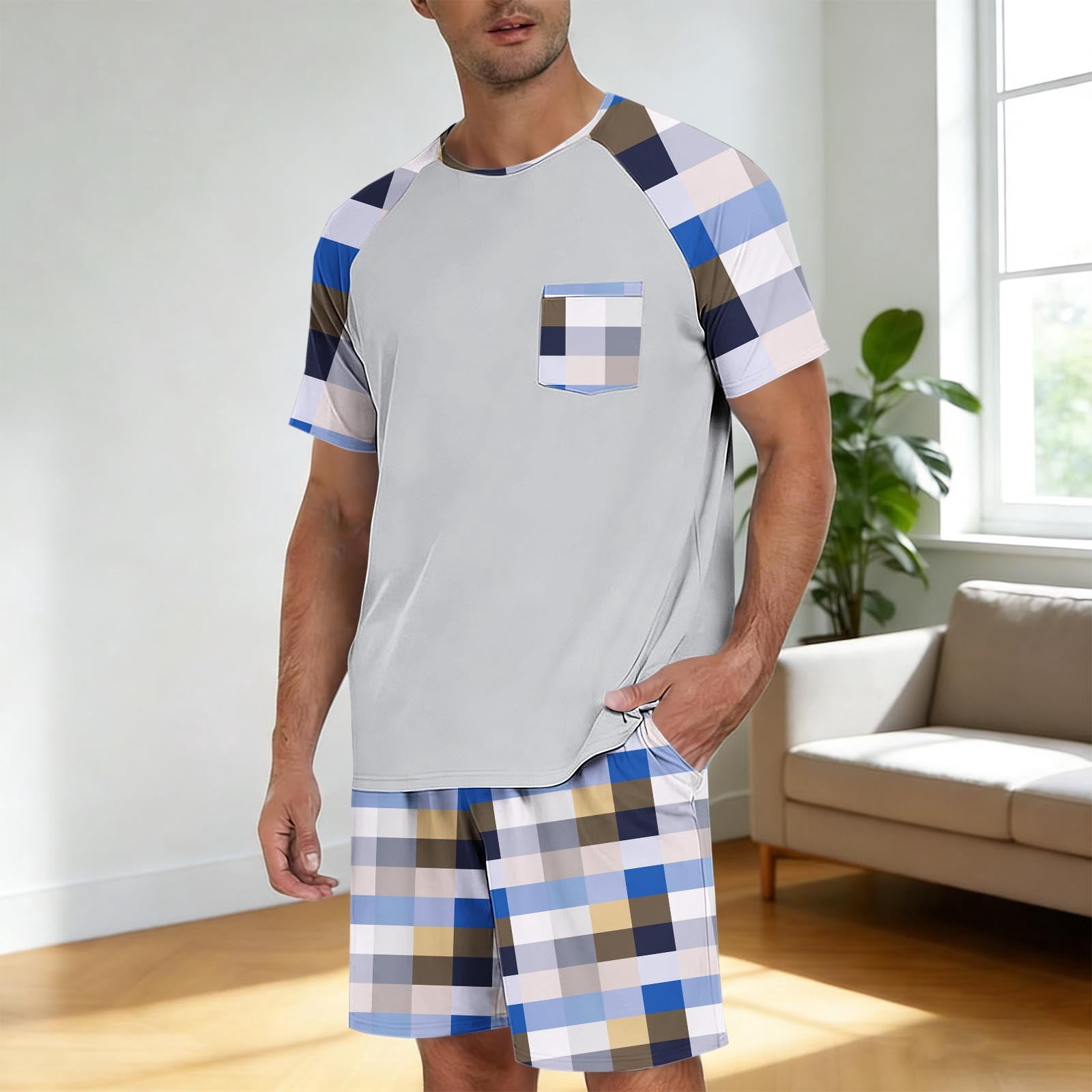 Ceisia Men's Checkered Print Raglan Sleeve Pajama Set Short Sleeve T ...