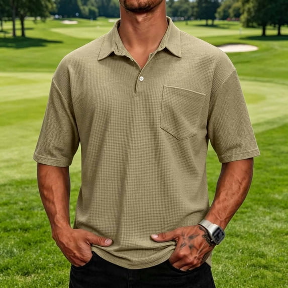 Ceisia Men's Checkered Short Sleeve Polo Shirt With Chest Pocket Khaki XL Gift
