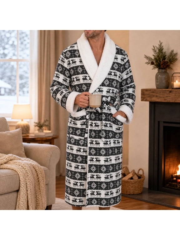 Men's Christmas Reindeer Snowflake Print Fleece Bath Robe Shawl Collar Tie Waist Warm Nightgown With Side Pockets For Men Gift