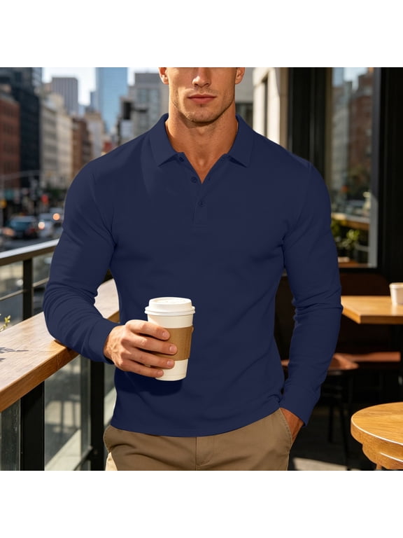 Men's Classic Long Sleeve Polo Shirts With Button Placket Navy XXXL Gift