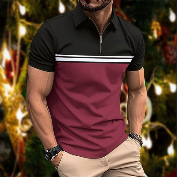 Ceisia Men's Color Block Half Zip Short Sleeve Polo Shirt With Stripe Detail Wine XXL Gift