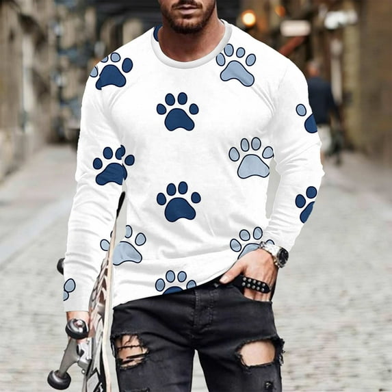 Ceisia Men's Colorful Glitter Paw Print T-Shirt | Slim Long-Sleeve Crewneck Casual Top Gift