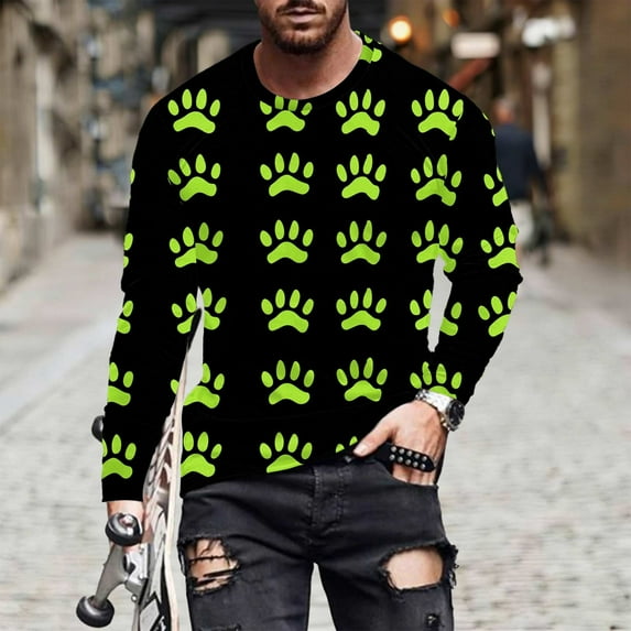 Ceisia Men's Colorful Glitter Paw Print T-Shirt | Slim Long-Sleeve Crewneck Casual Top Gift
