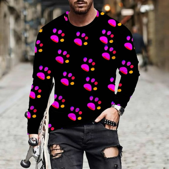 Ceisia Men's Colorful Glitter Paw Print T-Shirt | Slim Long-Sleeve Crewneck Casual Top Gift