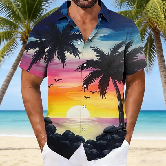 Ceisia Men's Colorful Sunset Coconut Grove Print Short Sleeve Button Down Hawaiian Shirt With Chest Pocket Multicolor M Gifts