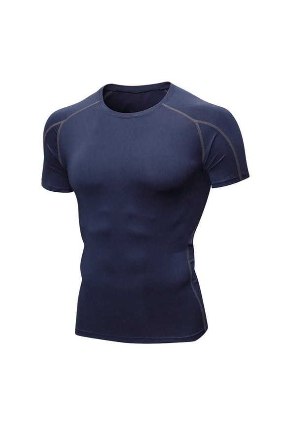 Men's Compression Short Sleeve Crewneck T-Shirt Solid Quick Dry Running Training Athletic Top Navy M Gifts for Father