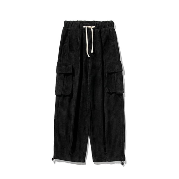 Ceisia Men's Corduroy Cargo Pants Wide Leg Elastic Waist with Drawstring Solid Color Casual Trousers Multi-Pocket Bottoms Gifts for Father