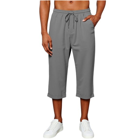 Ceisia Men's Cotton Casual Capri Pants 7/8 Length Drawstring Elastic Waist Solid Color Outdoor Hiking Trousers with Pockets Gifts for Father