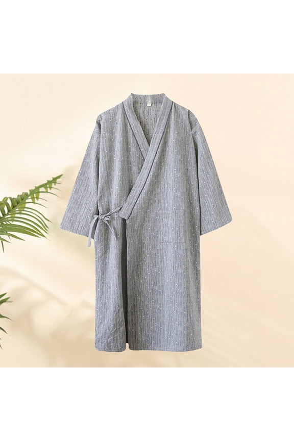 Men's Cotton Kimono Robe with Pocket Casual Loungewear Gray M Gifts for Father