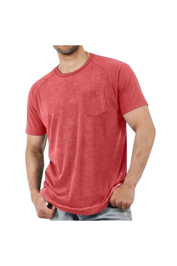 Men's Cotton Lightweight Performance Short Sleeve Crew Neck Pocket T-shits Athletic Top - Quick Dry - Soft Red XL Gift