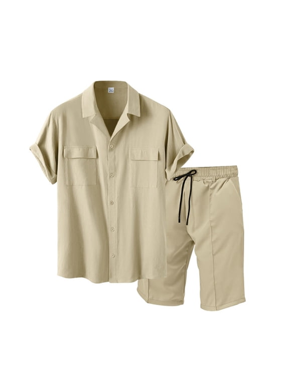 Men's Cotton Linen Blend Short Sleeve Shorts Set Solid Color Casual Collared Shirt with Pocket and Drawstring Elastic Waist Shorts Two Piece Gifts for Father Multicolor 3X