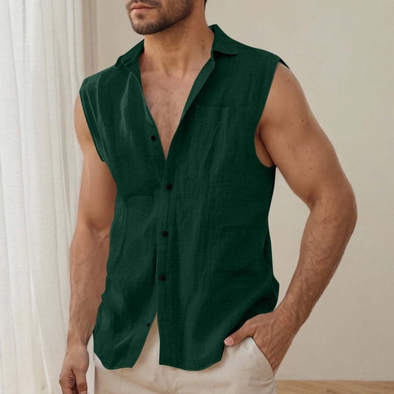 Ceisia Men's Cotton Linen Blend Solid Button Down Collared Sleeveless Vest Casual Lightweight Breathable Summer Essential Top Gifts for Father Green S