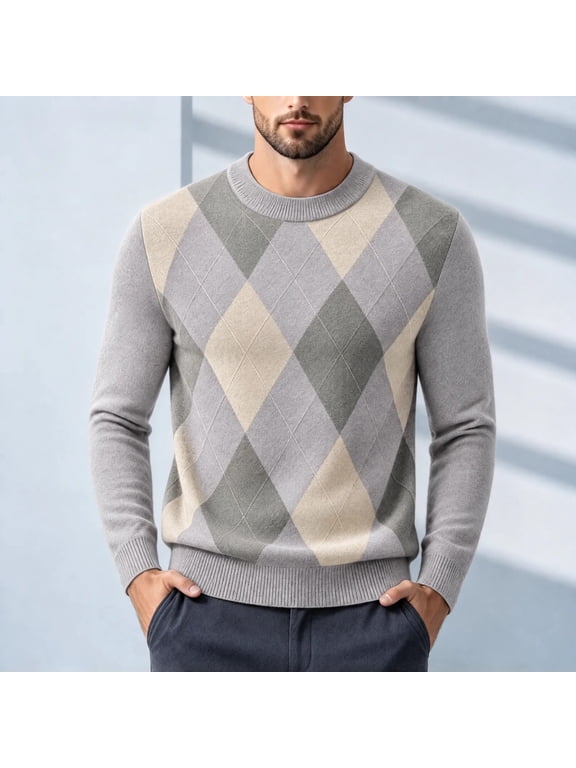 Men's Crew Neck Argyle Diamond Pattern Knitted Long Sleeve Warm Winter Pullover Sweater Beige XS Gift