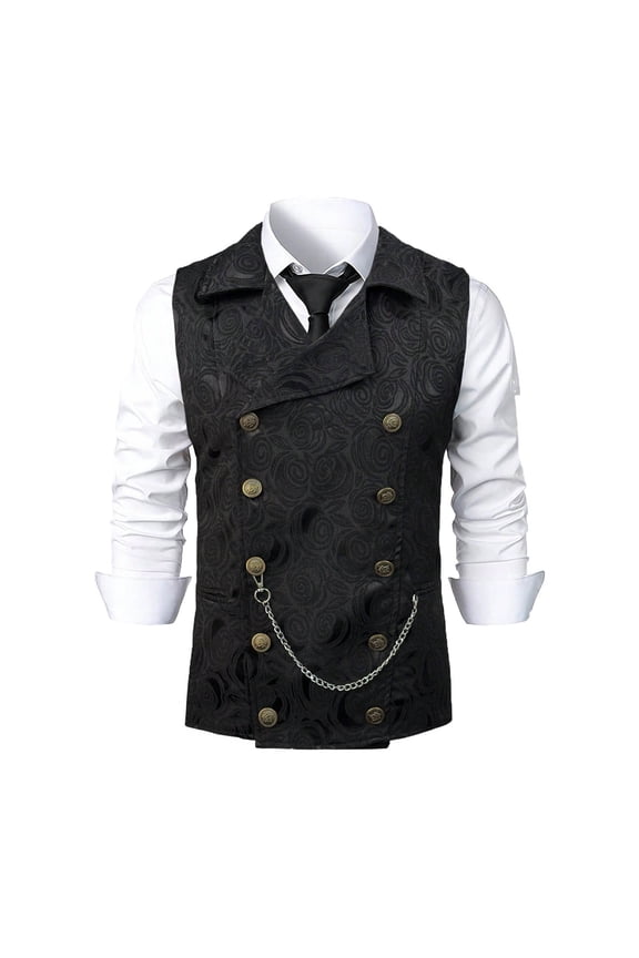 Men's Double Breasted Suit Vest Jacquard Fabric Turndown Collar Formal Waistcoat with Watch Chain Gifts for Father