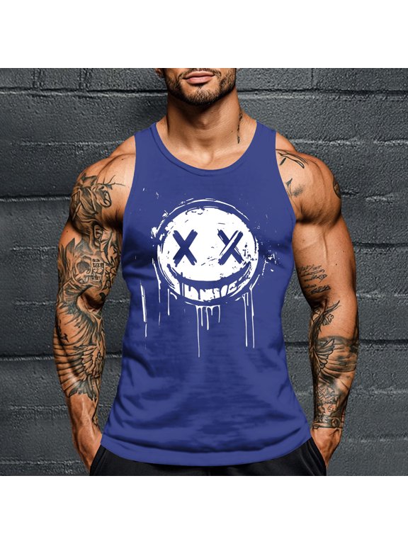 Men's Drip Smiley Face Graphic Sleeveless Tank Top Quick Dry Workout Gym Streetwear Summer Vest Blue M Gift