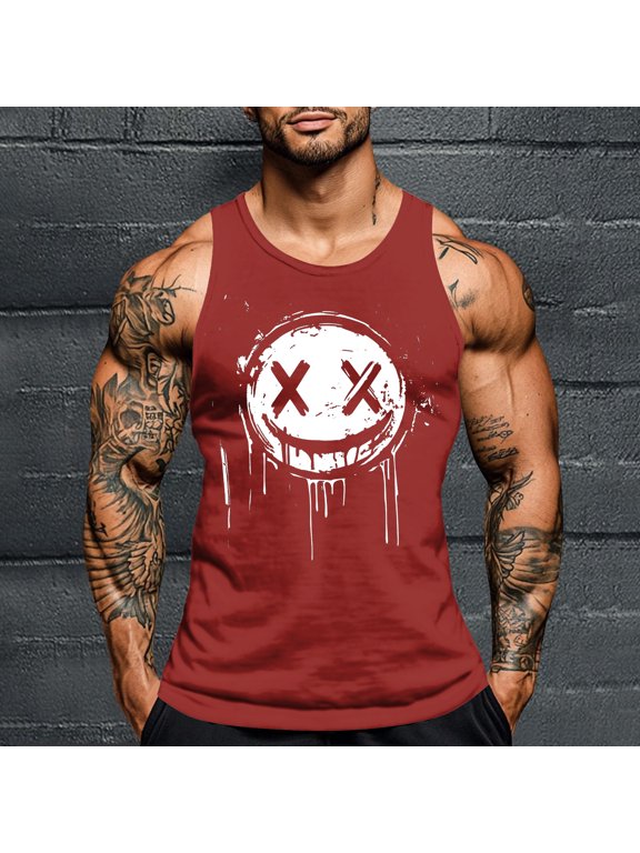 Men's Drip Smiley Face Graphic Sleeveless Tank Top Quick Dry Workout Gym Streetwear Summer Vest Red XXL Gift