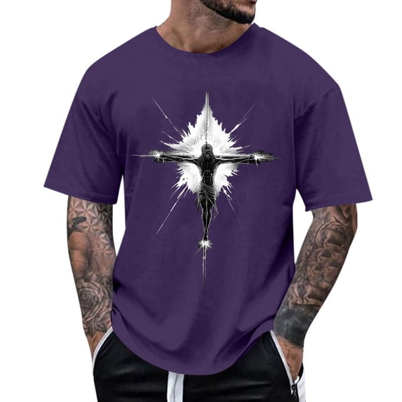 Ceisia Men's Easter Cross Print Loose Soft Breathable Short Sleeve Round Neck Casual T-Shirt Purple Gifts for Father L