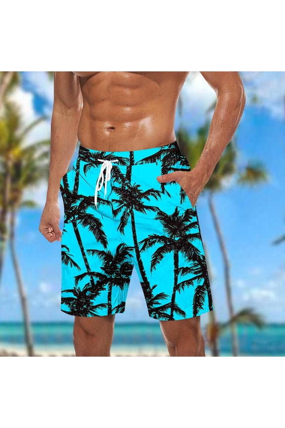 Men's Elastic Waist Drawstring Loose Fit Beach Shorts with Pockets All-over Print Quick Dry Casual Summer Pants Sky Blue Gifts for Father 2X