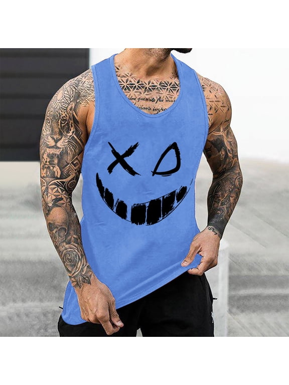Men's Evil Grin X Eyes Graphic Sleeveless Muscle Tank Top Summer Gym Workout Casual Athletic Vest Blue XXL Gift