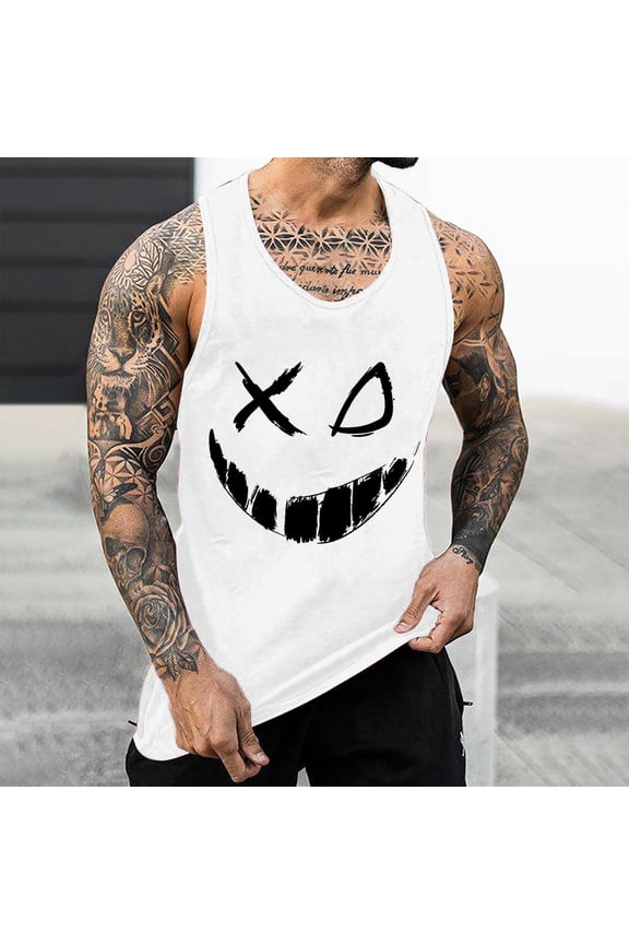 Men's Evil Grin X Eyes Graphic Sleeveless Muscle Tank Top Summer Gym Workout Casual Athletic Vest White XL Gift
