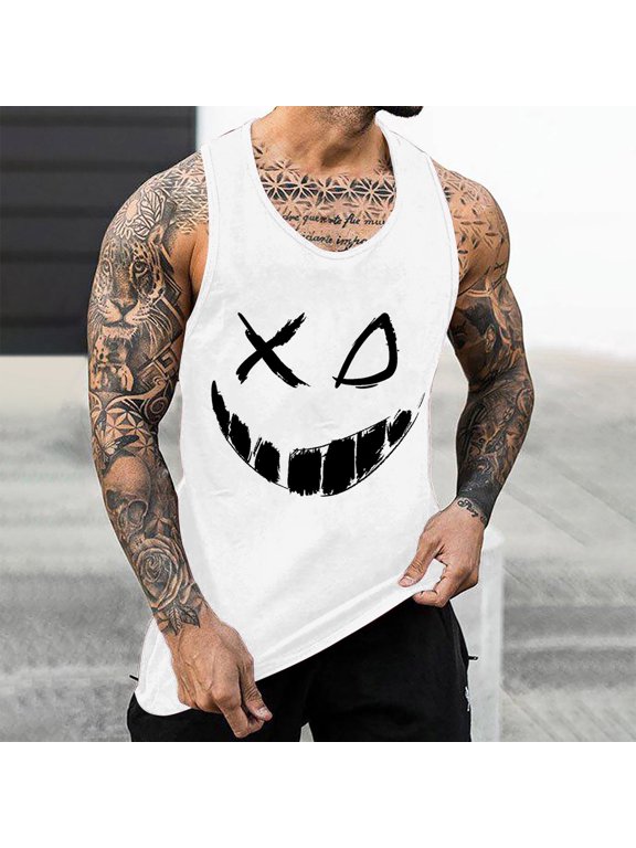 Men's Evil Grin X Eyes Graphic Sleeveless Muscle Tank Top Summer Gym Workout Casual Athletic Vest White XXL Gift