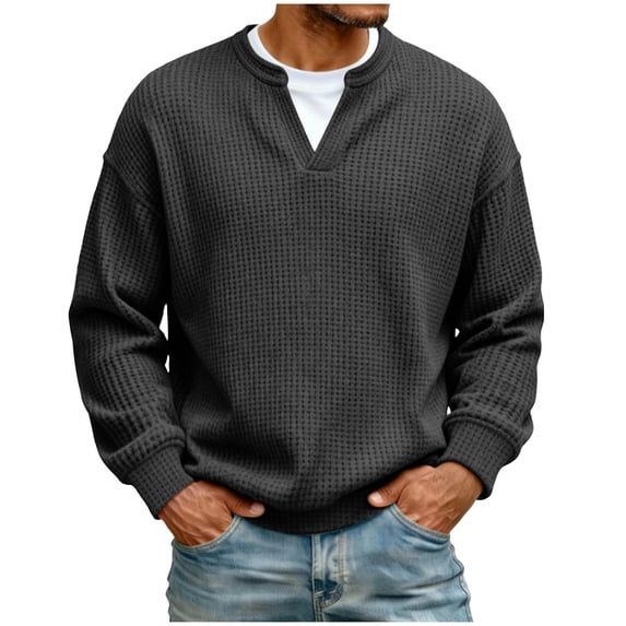 Ceisia Men's Fake Two-Piece Waffle Top | Relaxed Long-Sleeve V-Neck Solid Casual Shirt Gift