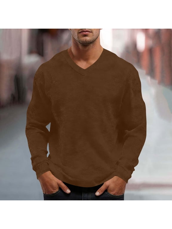 Men's Fashion Long Sleeve V-Neck T-Shirt Solid Color Casual Relaxed Fit Stretch Waffle Knit Soft Comfort Breathable Home Gym Top Gifts for Father Brown 5X
