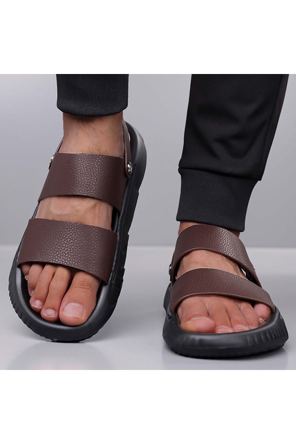 Men's Fashion Open Toe Leather Sandals Genuine Calfskin Soft Sole Breathable Summer Beach Slides Thick Heel Comfort Fit Non-Slip Outdoor Casual Walk Gifts for Father