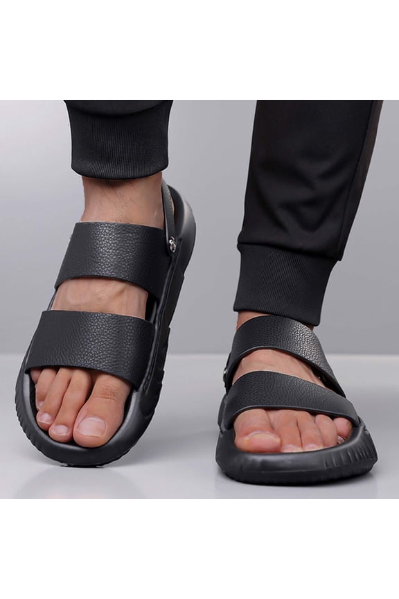 Men's Fashion Open Toe Leather Sandals Genuine Calfskin Soft Sole Breathable Summer Beach Slides Thick Heel Comfort Fit Non-Slip Outdoor Casual Walk Gifts for Father