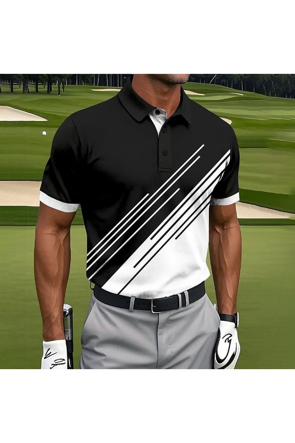 Men's Fashion Printed Turndown Collar Button Pullover Short Sleeve Breathable Matte Polyester Casual Jersey T-Shirt Top Black S Gifts