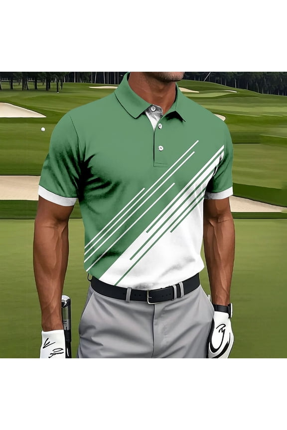 Men's Fashion Printed Turndown Collar Button Pullover Short Sleeve Breathable Matte Polyester Casual Jersey T-Shirt Top Green XL Gifts