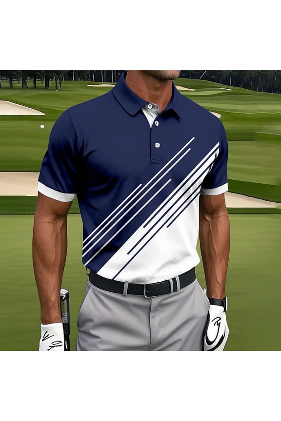 Men's Fashion Printed Turndown Collar Button Pullover Short Sleeve Breathable Matte Polyester Casual Jersey T-Shirt Top Navy XL Gifts