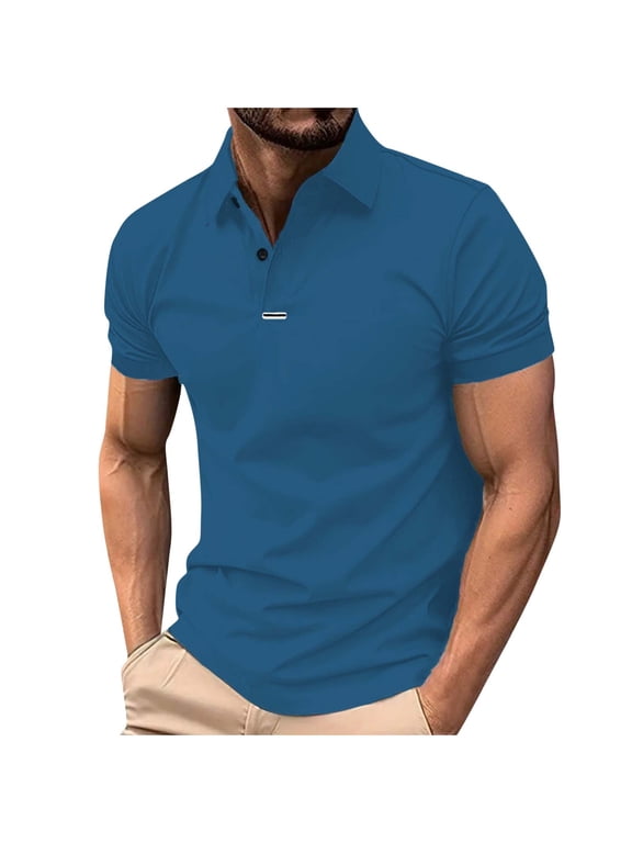 Men's Fashion Solid Short Sleeve Polo Shirt Versatile Classic Fit Soft Breathable Cotton Casual Everyday Essential Top Gifts for Father Blue 3X