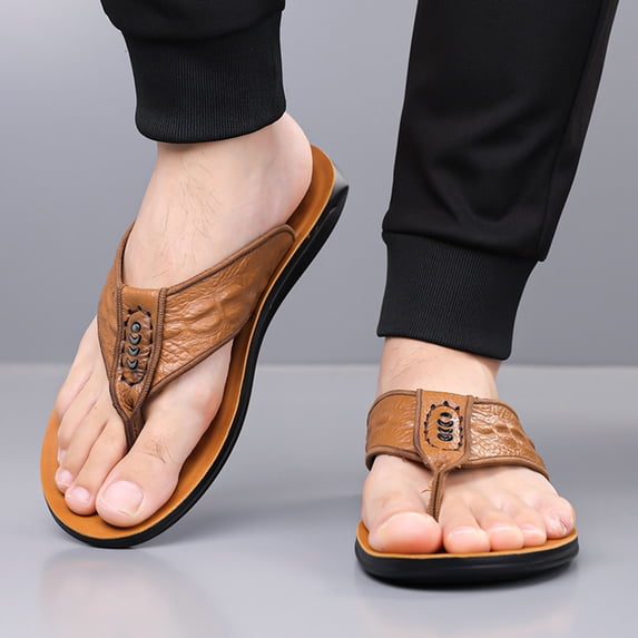 Ceisia Men's Fashion Summer Thong Flip Flops Breathable Genuine Leather Soft Sole Open Toe Beach Slides Casual Comfort Non-Slip Outdoor Daily Relaxation Gifts for Father