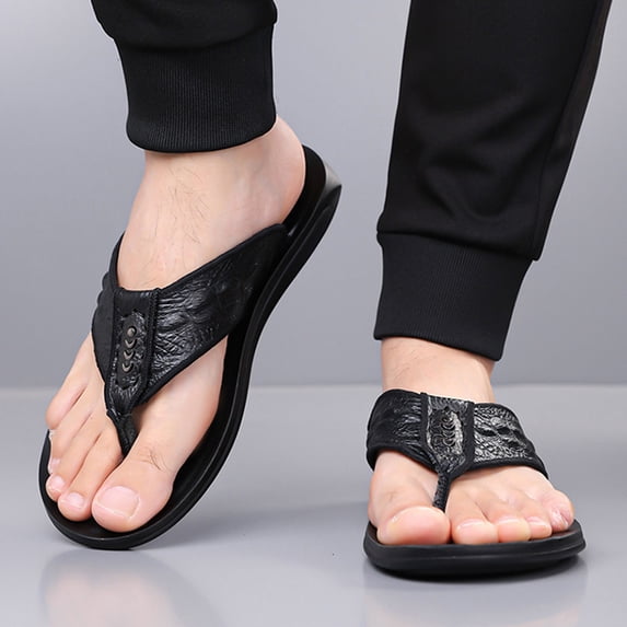 Ceisia Men's Fashion Summer Thong Flip Flops Breathable Genuine Leather Soft Sole Open Toe Beach Slides Casual Comfort Non-Slip Outdoor Daily Relaxation Gifts for Father