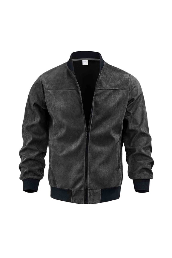 Men's Faux Suede Bomber Jacket Casual Warm Zip Up Outerwear with Ribbed Trim Black XXL Gifts
